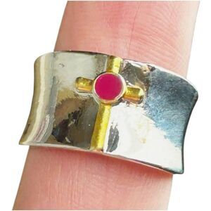 Gold Christian Cross Ring 9 Shiny Silver Wide Band Ruby Accent Two Tone NEW